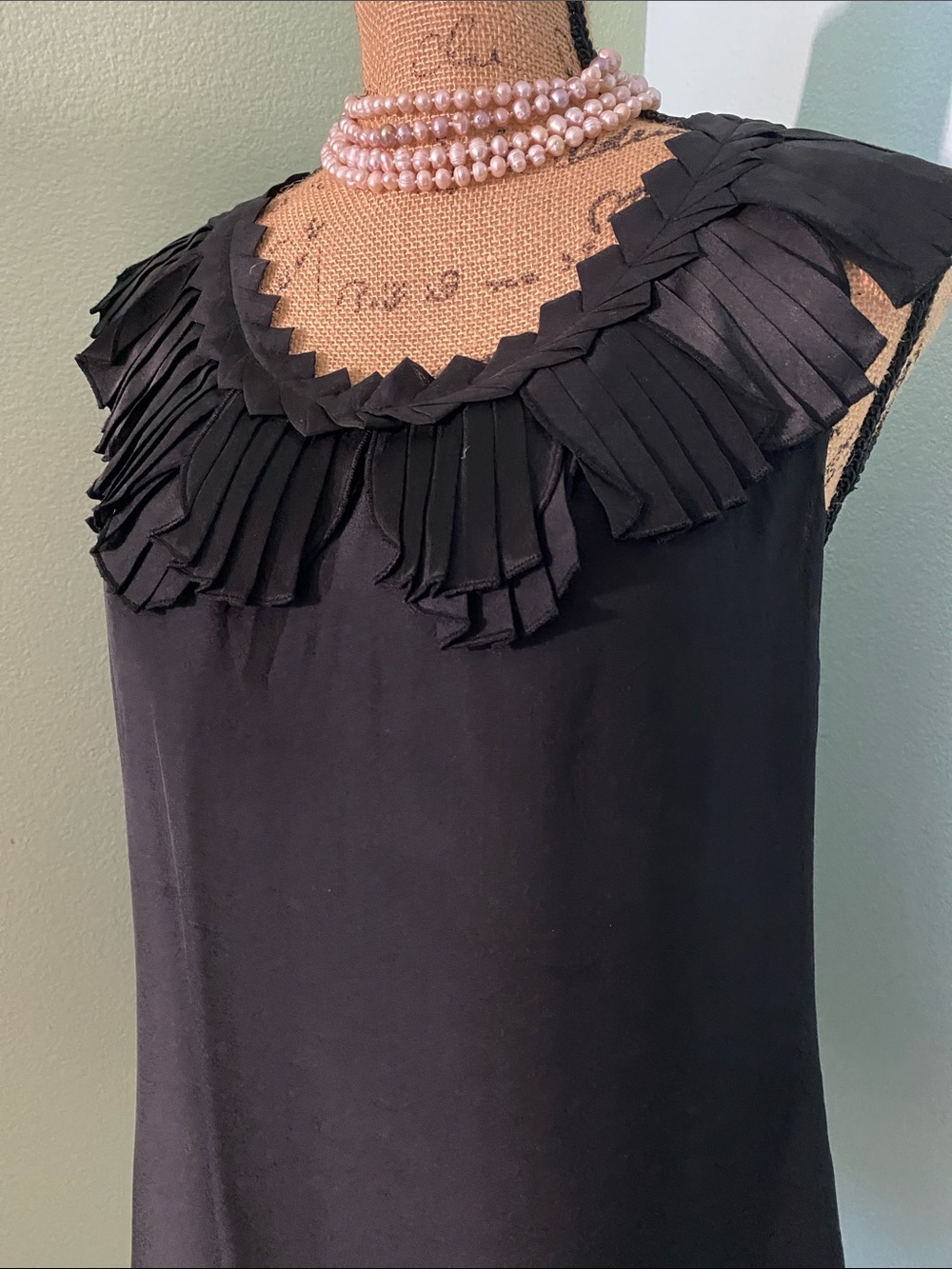 Ann Taylor Silk Black Sleeveless Top with Layered Ruffle Trim